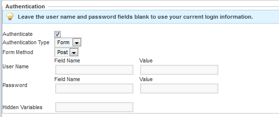 IFrame edit view showing authentication fields for Form authentication