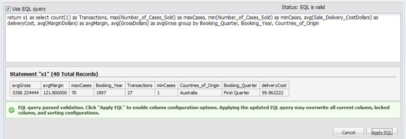 Results Table edit view - EQL validated