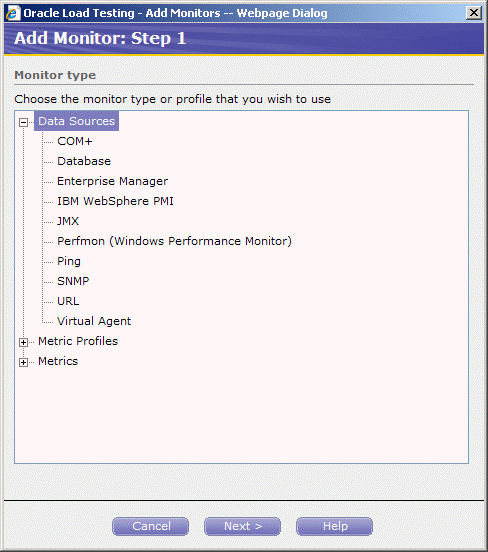 「モニターの追加: 手順1」で展開されたデータ・ソース