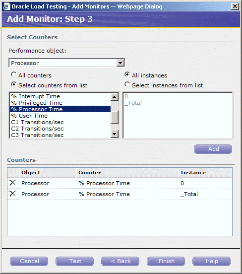 プロセッサが選択された「モニターの追加: 手順3」