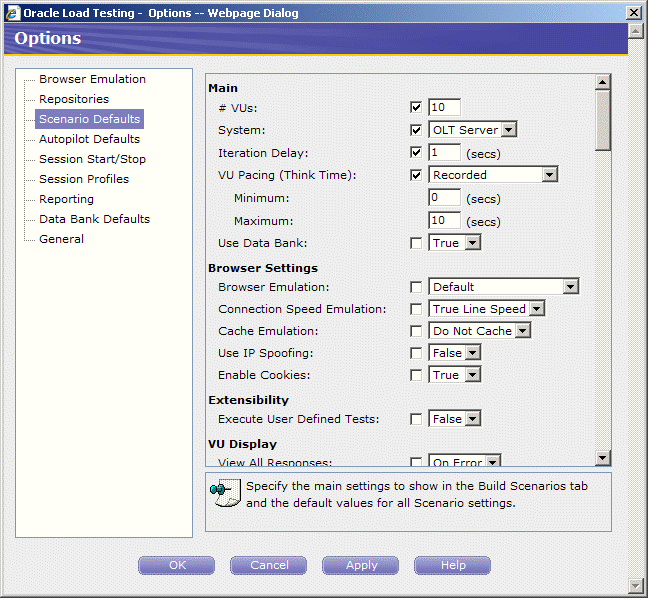「シナリオのデフォルト」オプション・ダイアログ・ボックス