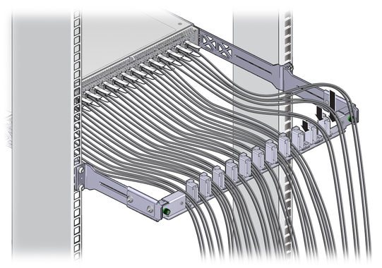 image:Illustration shows the InfiniBand cables being laid into the cable management bracket.