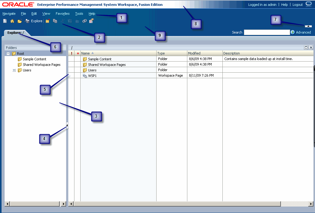 The image shows an example of the Workspace User Interface. The image is followed by a detailed explanation of the areas within the window, from top left to bottom left.
