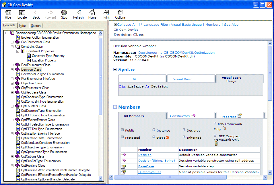 This example shows the Decision Class tab, which displays the Syntax and Members.