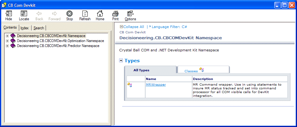 CB COM DevKit.chm initial screen with .Optimization and .Predictor namespaces