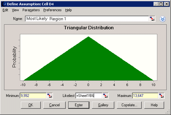 The images shows a Crystal Ball assumption, defined with cell references
