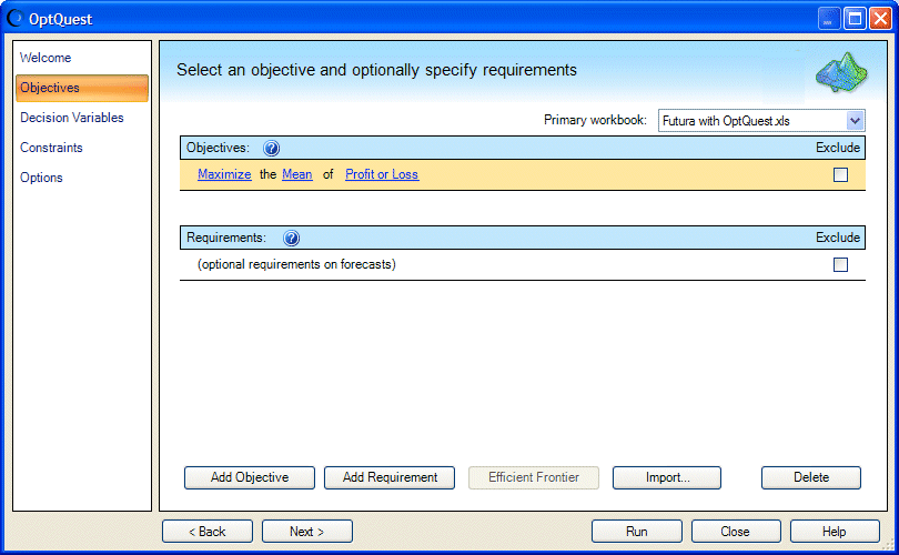 Objectives panel, Futura with OptQuest example.