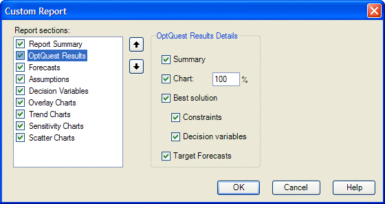 OptQuest Results settings in the Custom Report dialog box.
