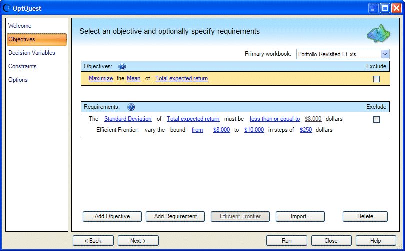 Objectives panel with a variable requirement.
