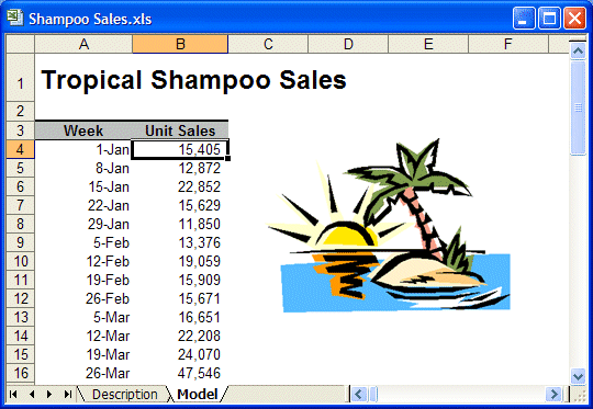 Shampoo Sales.xls spreadsheet model, described in the following paragraph