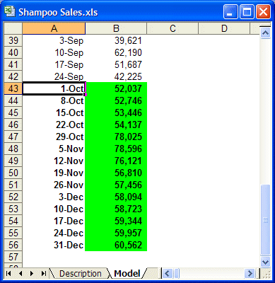 Shampoo Sales.xls with results pasted as Crystal Ball assumptions in cells B43 through B56.