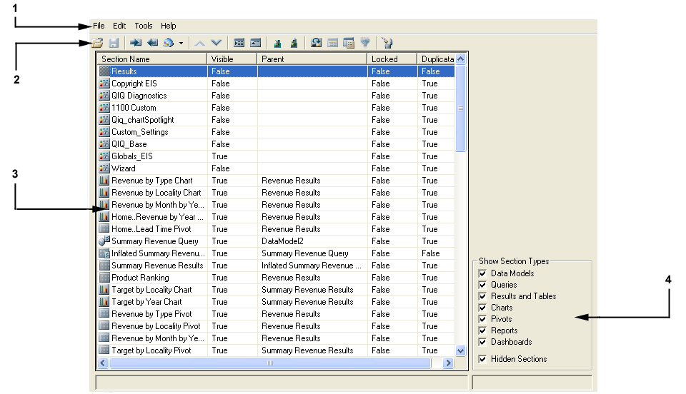 The image shows a sample screen in the Dashboard Stuiod Optimize Utility. The four main interface areas are discussed below the image.