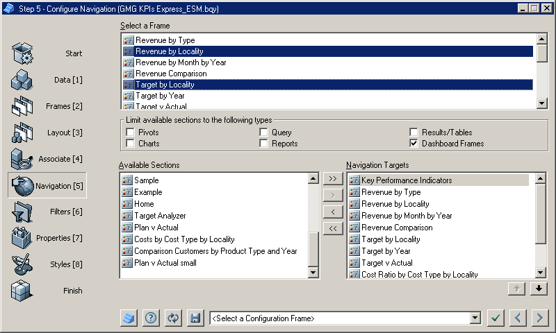 The image shows the Configure Navigation dialog box with a sample frame selected