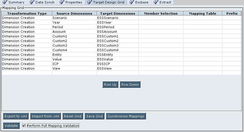 This image of the Target Design Grid tab shows default dimension names, as described in the text preceding the image.