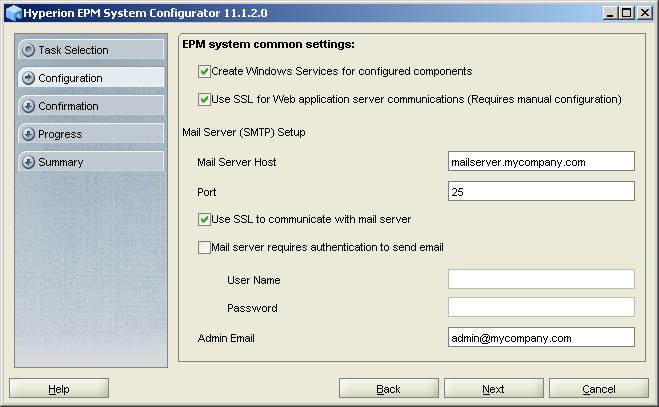 EPM System common settings screen where you select options to enable SSL for application server, web server, and e-mail server