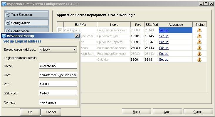 The Advanced Setup screen where you create logical web addresses to support SSL