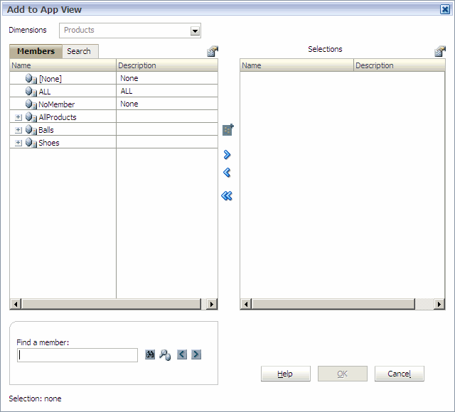 The Add to App View shows a list of members for the dimension and enables you to select members for the application.