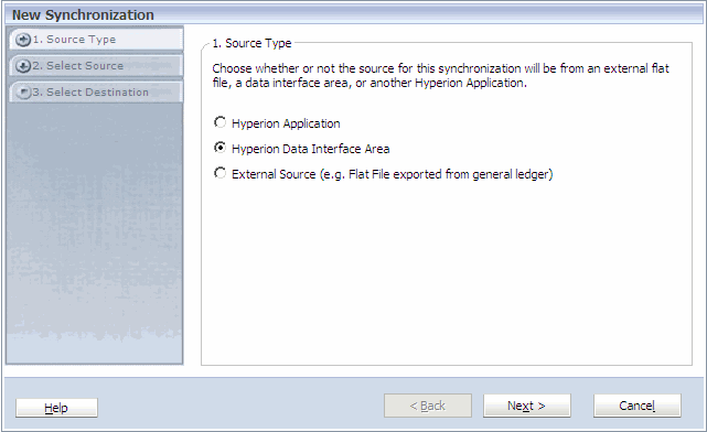 Use the New Synchronization screen to synchronize with a data interface area.