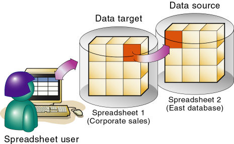 This image illustrates how an Essbase Spreadsheet Add-in user can view data in the target and drill across to a mapped cell in the source.
