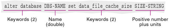 This image shows a MaxL statement for changing the size of the data file cache (alter database with the set_data_file_cache_size grammar).