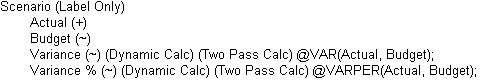This image shows Variance and Variance % tagged as Dynamic Calc, two-pass members.