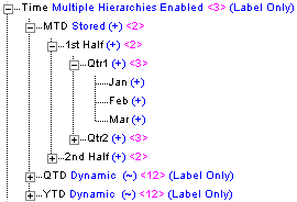 This image shows an outline in which the Time dimension is enabled for multiple hierarchies.