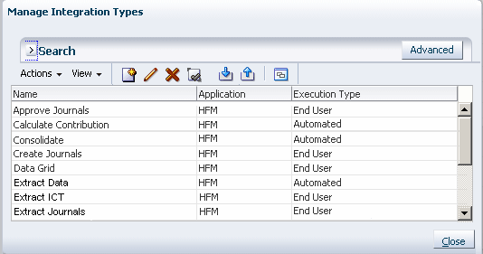 Example of Integration Types dialog