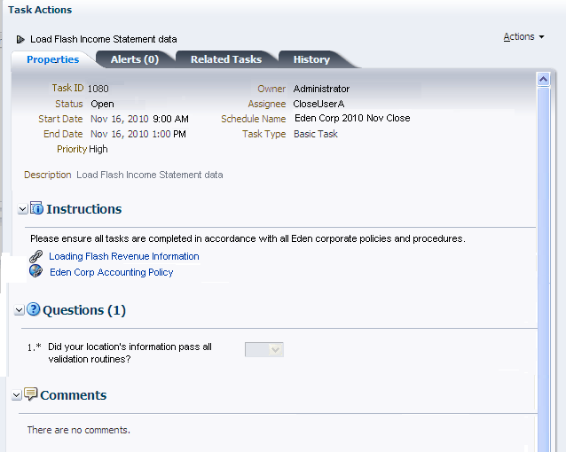 Sample Task Actions page