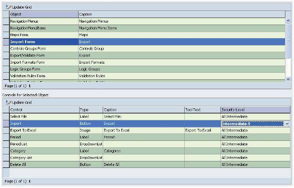 The image shows the Object Maintenance screen and the changing of the Import function for the user to Intermediate-5.