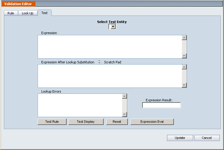 The image shows the Validation Editor screen with the Test tab selected as detailed in the text preceding the image.