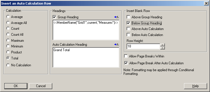 The image shows the settings for the example report.