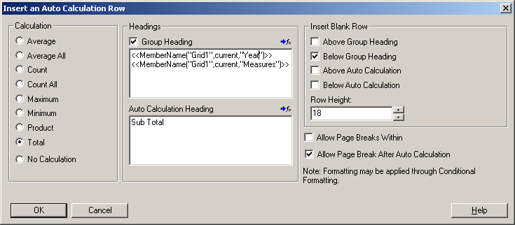 The image shows the settings for the example report.