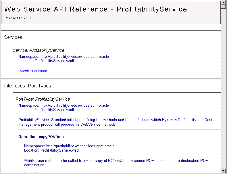 The hpm_api_ref.html file details all APIs for Profitability and Cost Management Web Services.