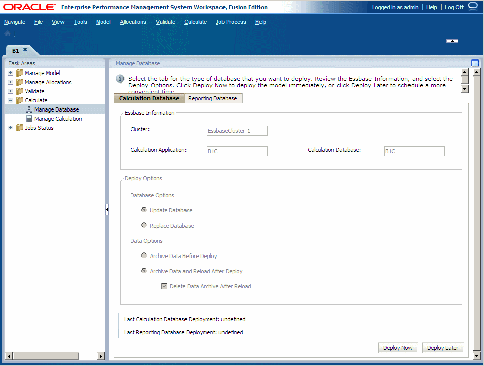 Select Deploy and Data options when calculating the Essbase database.