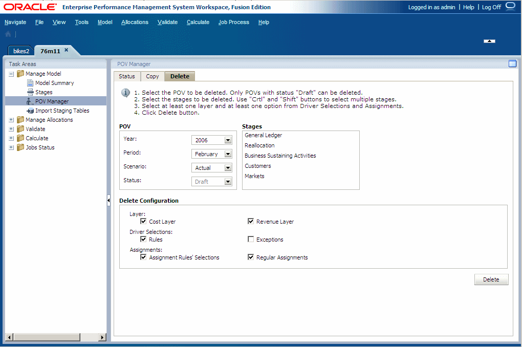 Use the Delete tab of the POV Manager window to delete selected objects from a POV.