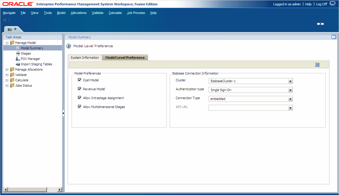 The Model Level Preference tab of the Model Summary window is used to set model level preferences, such as currency and intrastage assignments, as well as Essbase connection details.