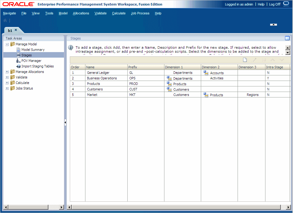 The Stages Screen is used to add, modify or delete model stages, and to set the  Dimensions and their order.