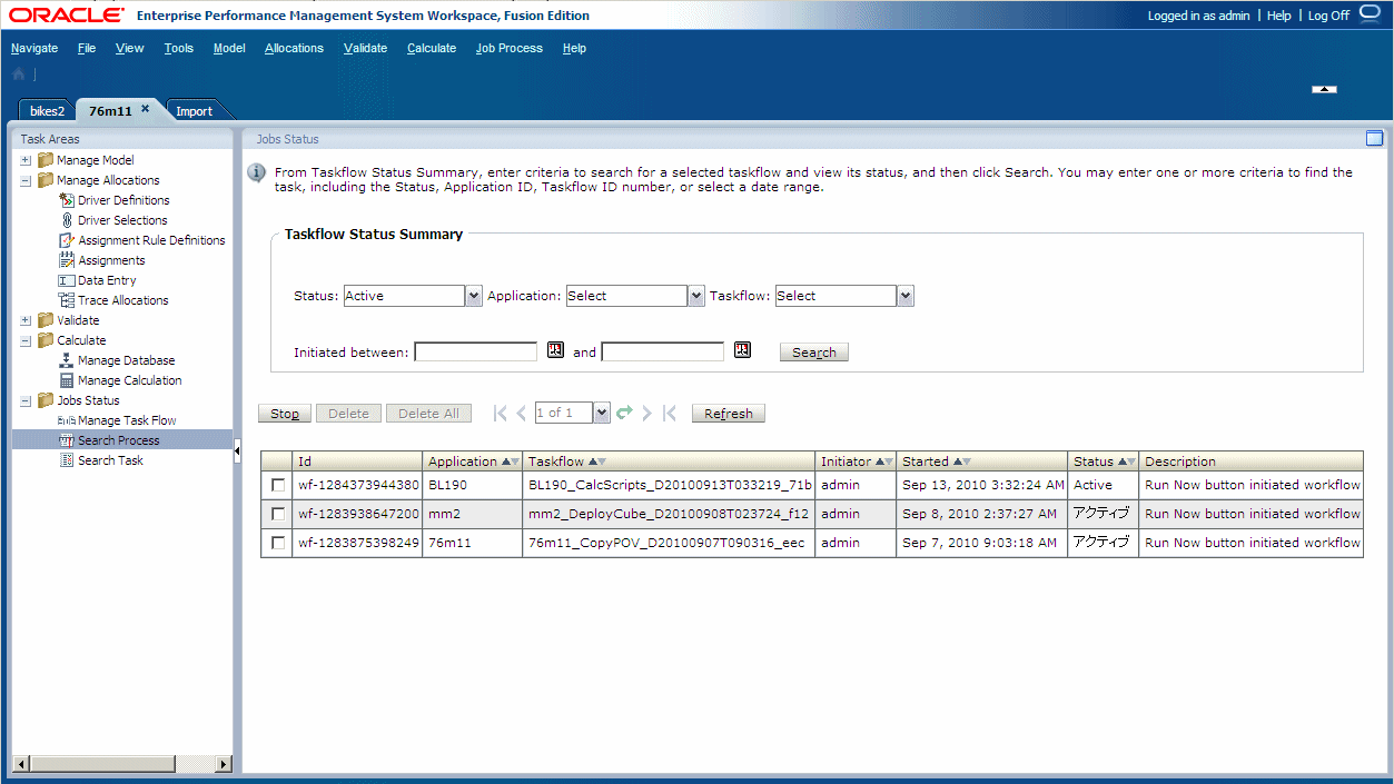 Taskflow Status Summary showing current status of existing taskflows.