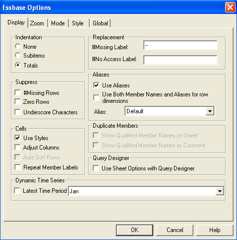 Essbase Options dialog box is used to select display options, such as Use Aliases.