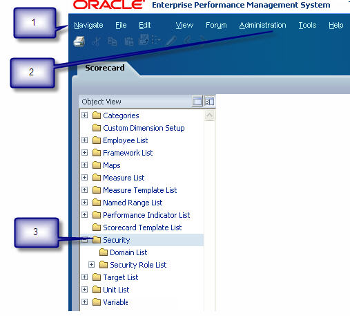 The file PerformanceScorecardWorkspace.jpg displays the navigate menu, administration menu, and the view pane containing the object view providing the Security exploer you will use to perform domain and security role assignment tasks.