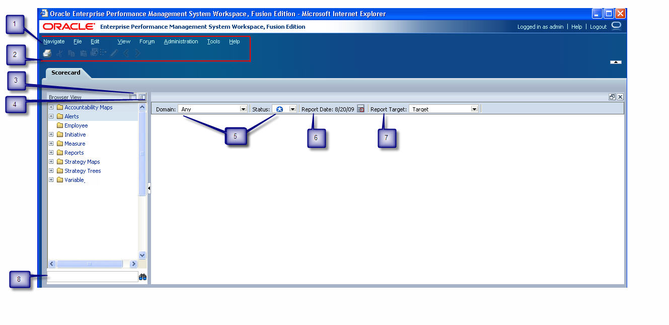 The file PerformanceScorecardWorkspace.jpg depicts the UI areas and tools of Performance Scorecard.