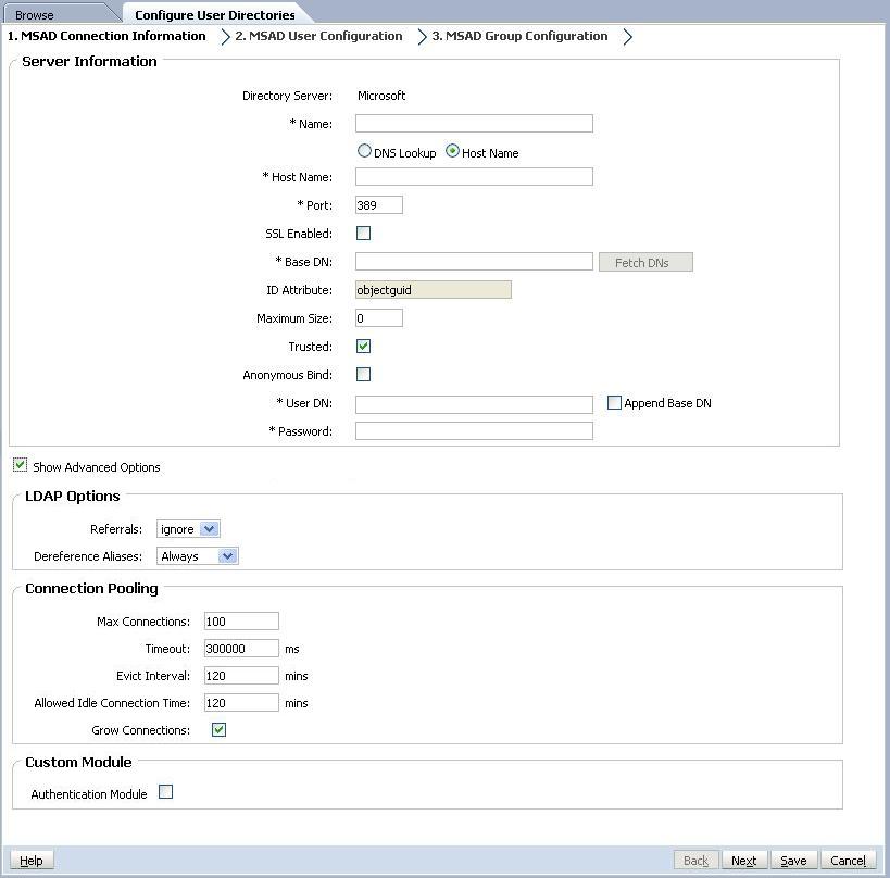 Illustration of the User Directory Connection Information screen