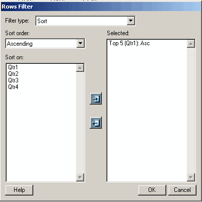Sort filter type set on the Rows Filter dialog box.