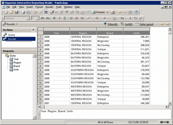 Image shows results set from OBI Server presentation layer tables