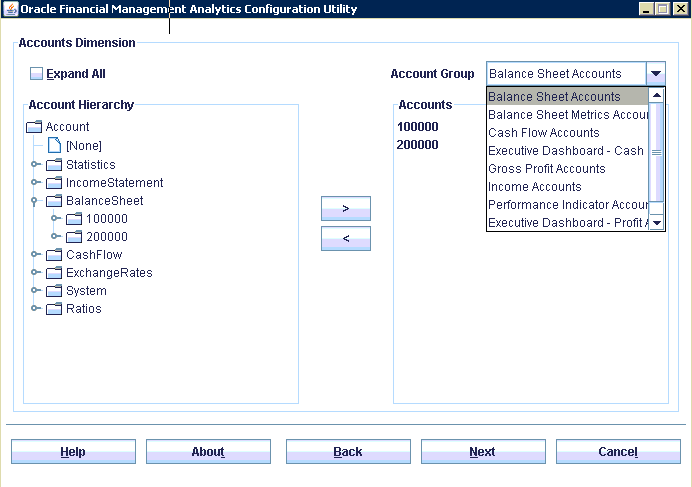 Select the Account Dimensions and the account group for the dashboards.