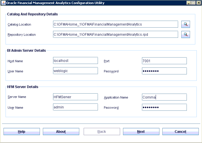 From this screen, set the connections for Catalog and Repository Details, and the BI Admin (OBIEE) and Financial Management Servers or clusters.