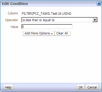 On the Edit Condition dialog box, enter the operator condition and the value for the condition, and then click OK.