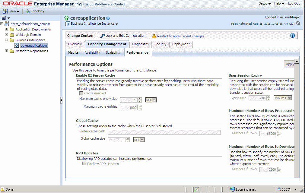 On the Performance tab, select the settings for a single BI server.