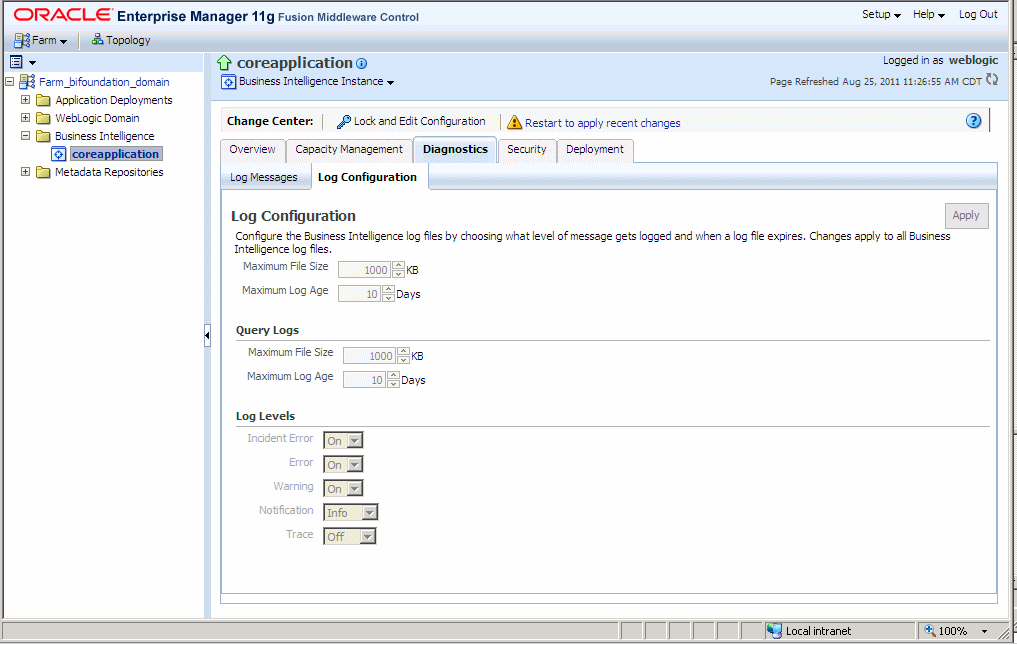Set the size of log files, query levels and logging levels for the application.