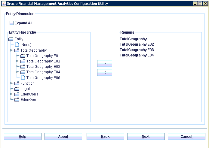 Select the HFM Entity dimensions that are to be used for the Regions on the dashboards. 